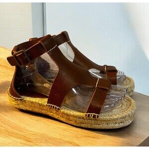 Soludos 100% Leather Banded Shield Sandal Brown Women Size 7 Braided Jute Boho